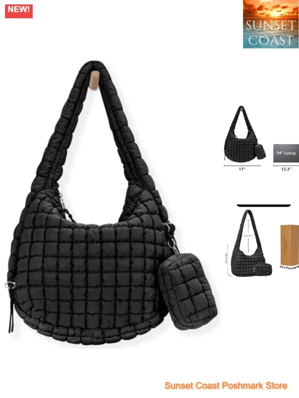 Large Quilted Puffy Lightweight Nylon Tote Bag with Crossbody Strap and Makeup
